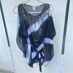 Y2K Caché Black White Tie-Dye Gem & Chain Embellished Cold Shoulder Top Size XL